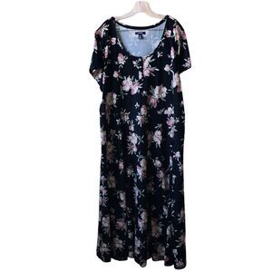 Chaps Women's Maxi Dress Plus 3X Floral 100% Cotton A-Line Short Sleeve Black